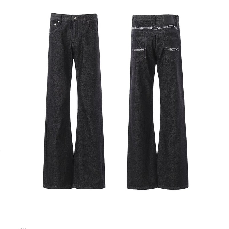 Thorn Embroidery Old Money Style Black Raw Denim Jeans for Men, American Cleanfit Slightly Flared, Cool and Slimming Straight Pants