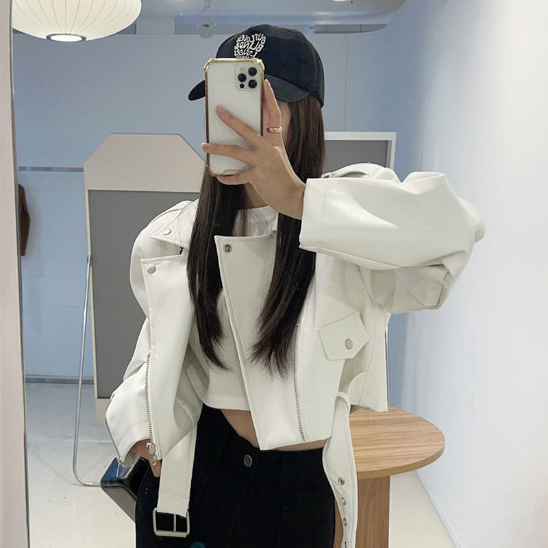 Short Motorcycle Leather Jacket for Women, 2026 Spring New Style, High-End Black Suit Collar, Large Pocket Pu Jacket
