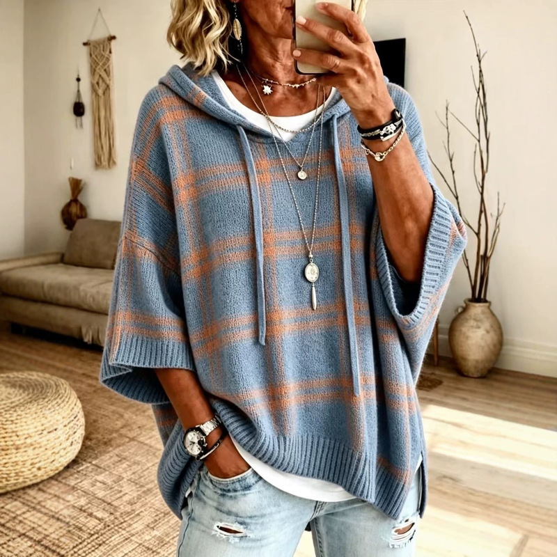 European and American style patterned hooded pullover sweater for women, loose fit, three-quarter sleeves, knitted cape, autumn and winter, multi-color, casual and versatile European and American style patterned hooded pullover sweater for women, loose fit, three-quarter sleeves, knitted cape, autumn and winter, multi-color, casual and versatile