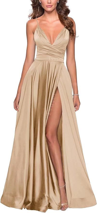 Elegante vestido de fiesta largo con cuello en V dividido, plisado de dama de honor de gasa larga, vestido formal, vestido de noche de satén