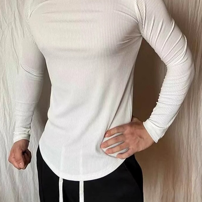 2025 Style Fitness Long-Sleeve Men's Slim Fit Stretch Ribbed Striped Inner Sports Shirt Casual Split Hem Base Shirt 2025 Style Fitness Long-Sleeve Men's Slim Fit Stretch Ribbed Striped Inner Sports Shirt Casual Split Hem Base Shirt