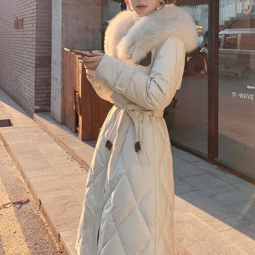 Large fur collar medium and long down cotton coat for women's winter Lingge popular over-the-knee thick coat coat and waist coat