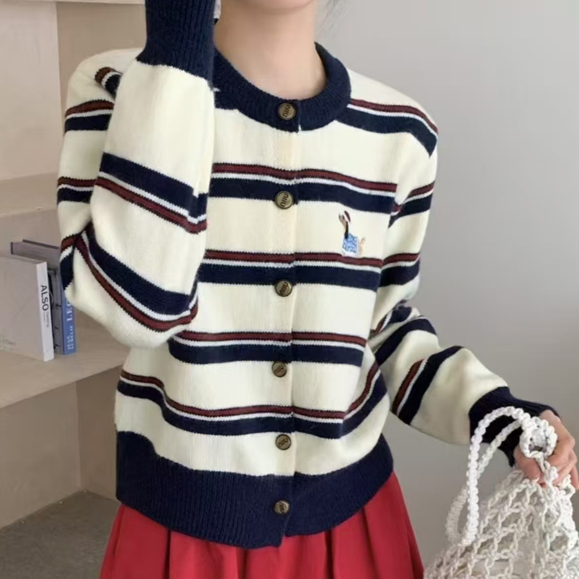 撞色条纹针织开衫女2025秋冬新款刺绣小狗圆领长袖休闲毛衣女外套
