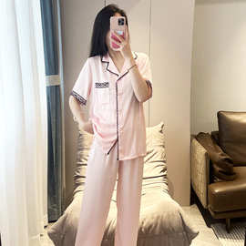 2026春夏新款短袖薄款冰丝睡衣女纯色休闲黑色花边家居服套装批发