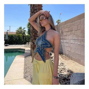 [美式别致毛边五角星贴布挂脖背心女显瘦减龄百搭辣妹上衣]