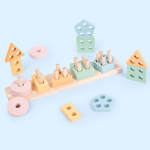 Cross-border wooden children's early education Montessori geometric shapes five sets of column shapes matching hand-eye coordination educational toys