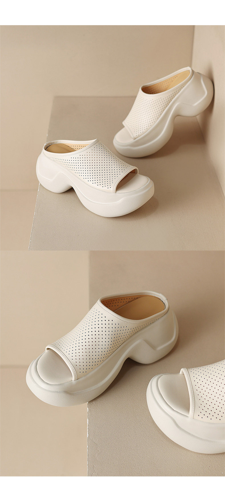 Dép sandal nữ xỏ ngón đế bệt da thật lỗ thoáng khí mùa hè — màu đen, màu trắng ngà chi tiết 13