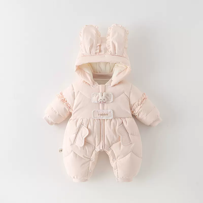 婴儿连体羽绒服白鸭绒2025新生儿连体衣女宝宝加厚保暖粉色爬服