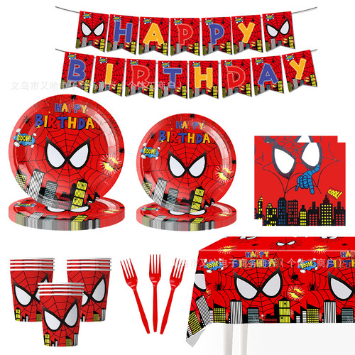 Cross-border black spiderman party paper plate tissue tablecloth hero spiderman tableware birthday decoration