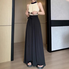 女性用ブラックレースアッププリーツスーツパンツ、春の新作ハイウエストスリムルーズドレープワイドレッグフロアレングスパンツ