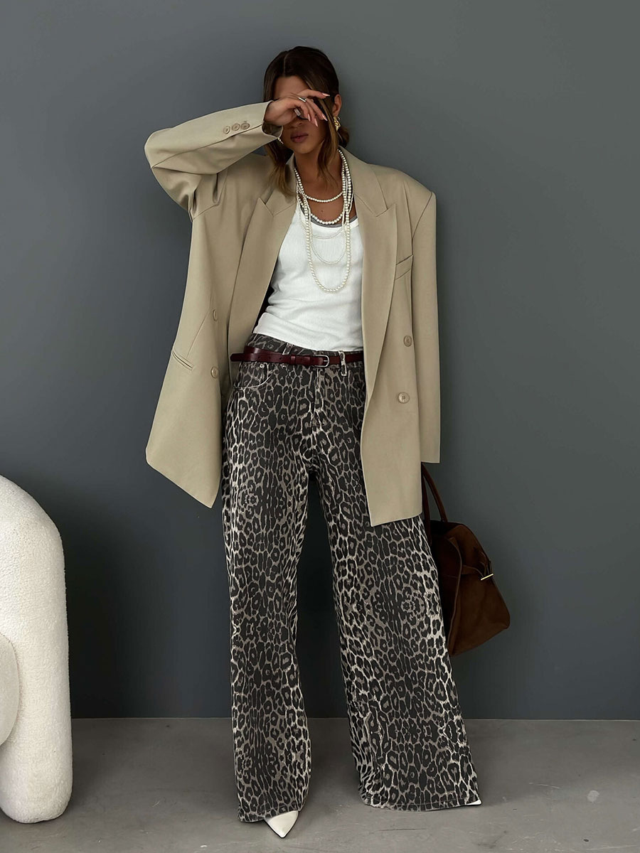 Pantalones de piernas anchas estampados de leopardo transfronterizos Europa y los Estados Unidos 2025 primavera y verano nuevo Y2K relajado y casual estampado de leopardo estampado pantalones de piernas anchas estampados