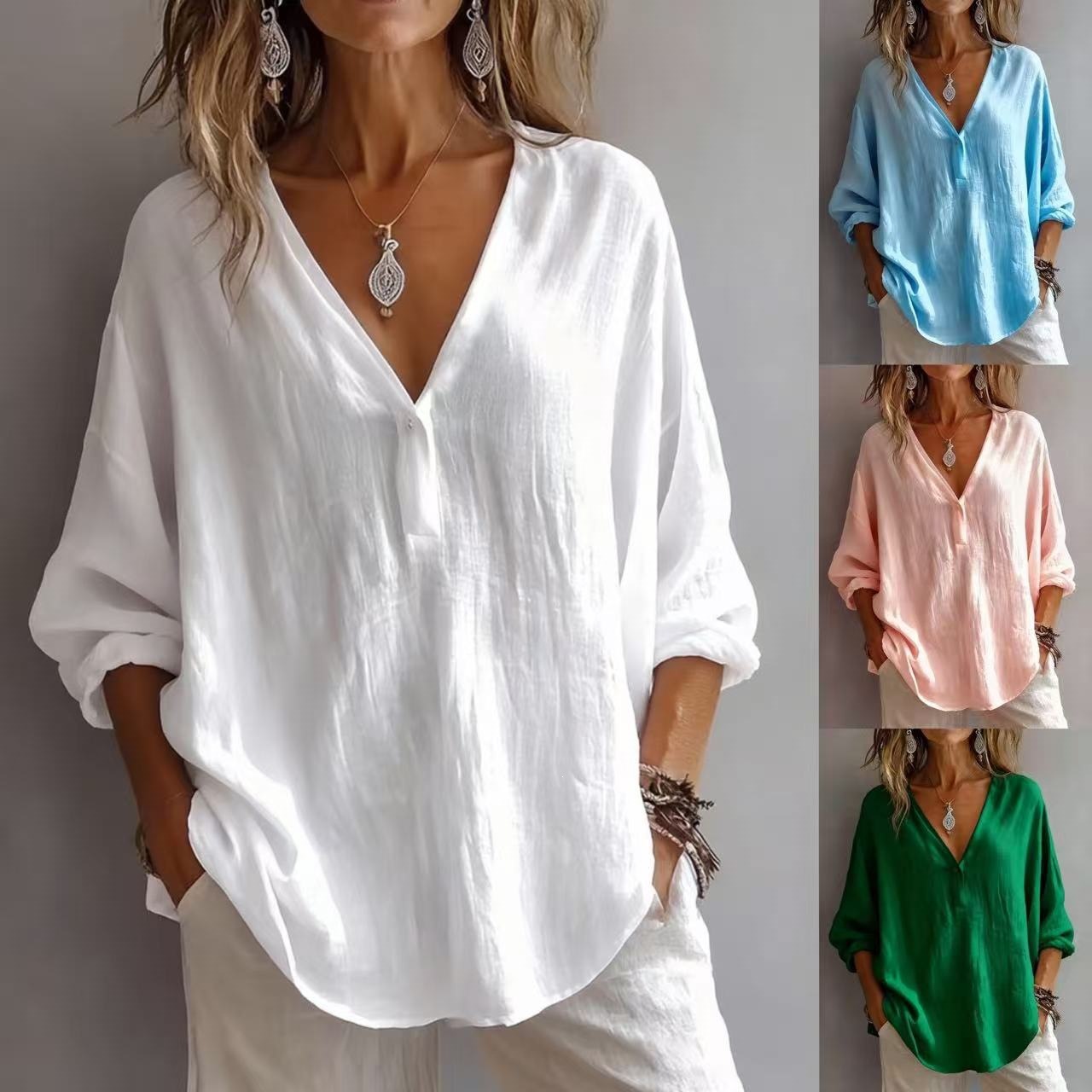 Women's V-Neck Long Sleeve Blouse Relaxed Fit Pullover Top For Autumn Casual Wear_ecoleips.com