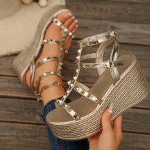 欧洲2025夏季新款凉鞋高跟草编坡跟鞋一字式坡跟百搭女士凉鞋