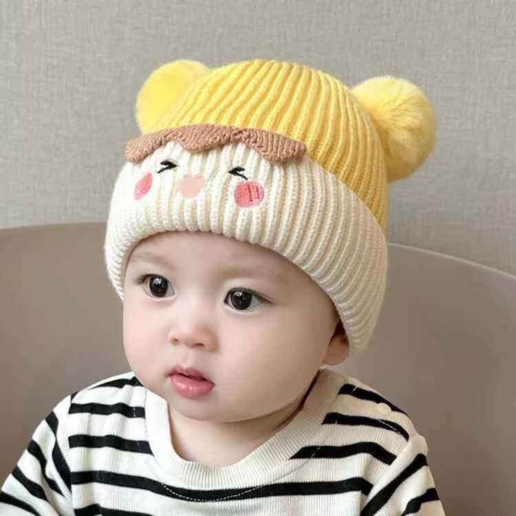 婴儿帽子秋冬季可爱超萌男女宝宝套头针织毛线帽子毛球护耳保暖帽|undefined
