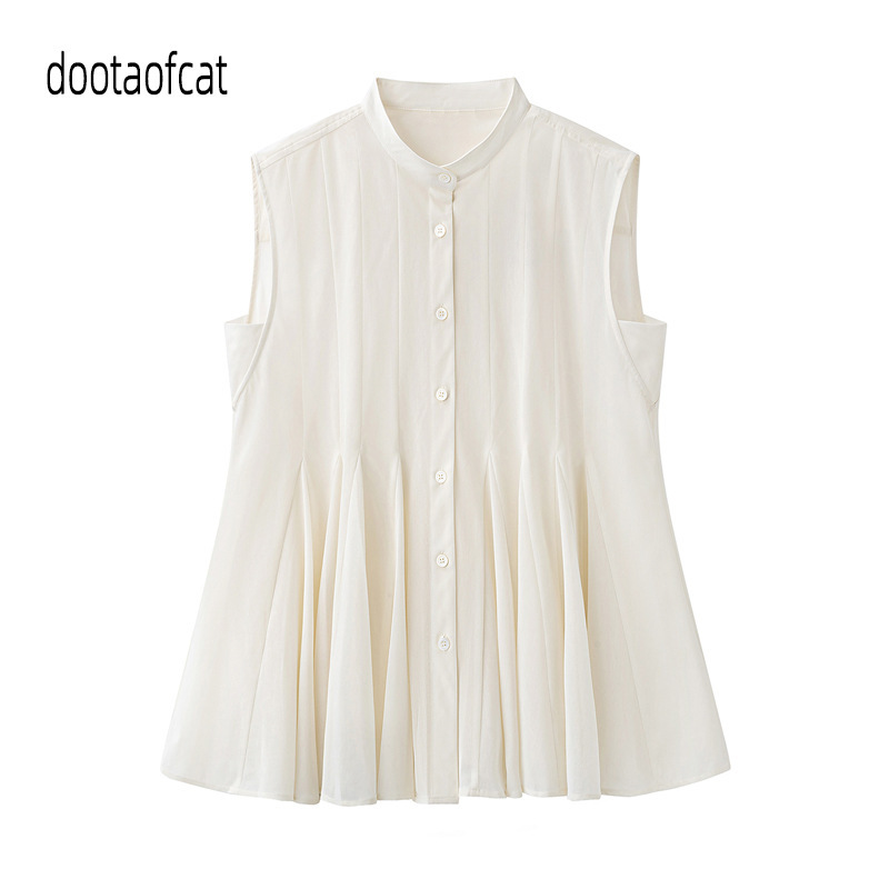 2026 New Summer Women's Clothing, Loose and Simple Style, French Stand-Up Collar, Pleated Sleeveless Shirt, Small Top P766929