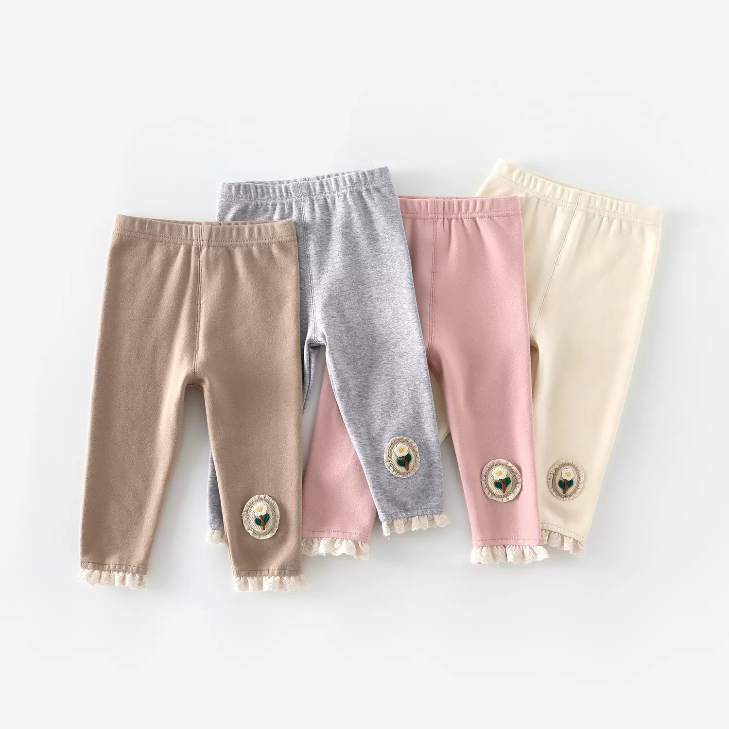 【不退不换】女童纯色打底裤2026新款春秋宝宝贴布花朵丝花边裤子