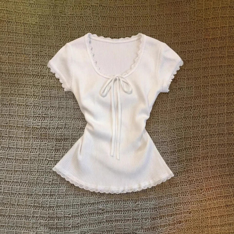 Rayon Modal 3*3 Custom Cut 260g American Sweet Lace Trim Hot Girl Short Sleeve T-Shirt Women's Top Rayon Modal 3*3 Custom Cut 260g American Sweet Lace Trim Hot Girl Short Sleeve T-Shirt Women's Top