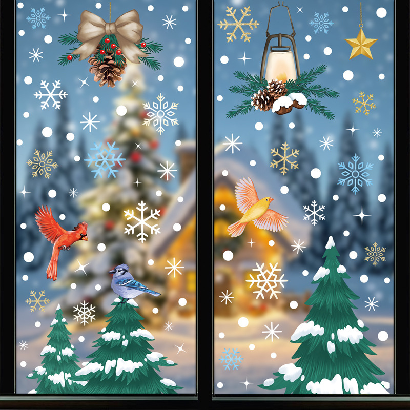 クリスマスツリーステッカーカーディナルバードガラスステッカークリスマス装飾窓静電ステッカー雪景色スノーフレーク|undefined