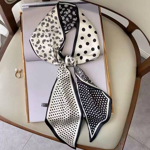 French double-sided cashew flower printed silk scarf long tie neck scarf versatile temperament multi-functional fringe shirt collar tie