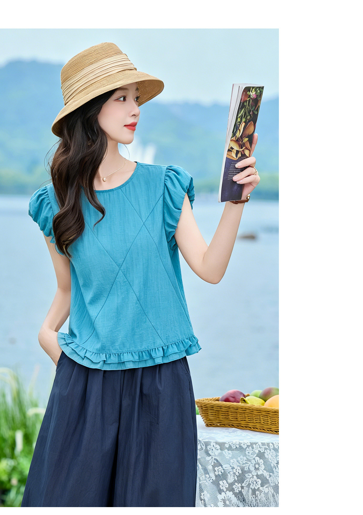 Bộ áo thun cổ tròn tay ngắn + quần ống rộng nữ 2 món mùa hè — màu sắc, màu xanh hồ chi tiết 15