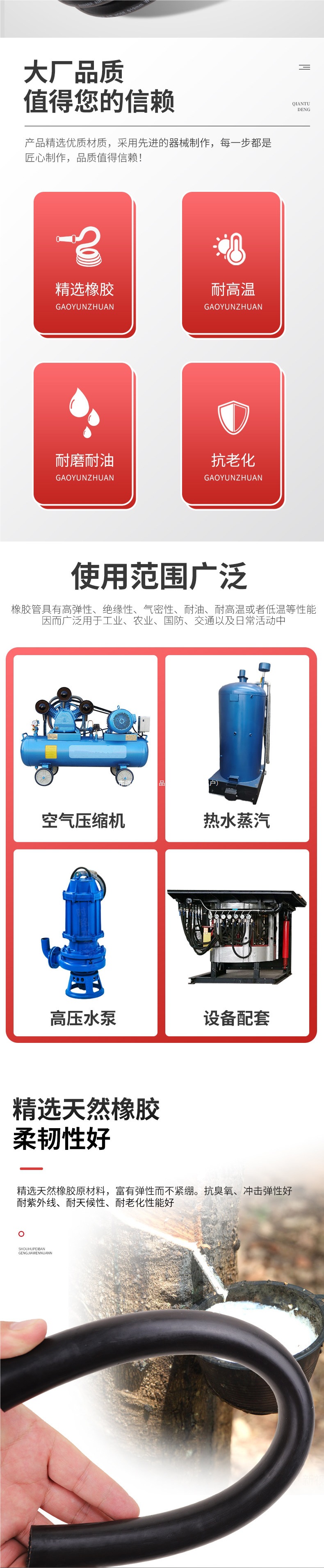 High-temperature resistant oil hose, black rubber hose with fabric reinforcement, high-pressure air hose, heat-resistant steam hose, gasoline and diesel hose, flexible hose, water hose