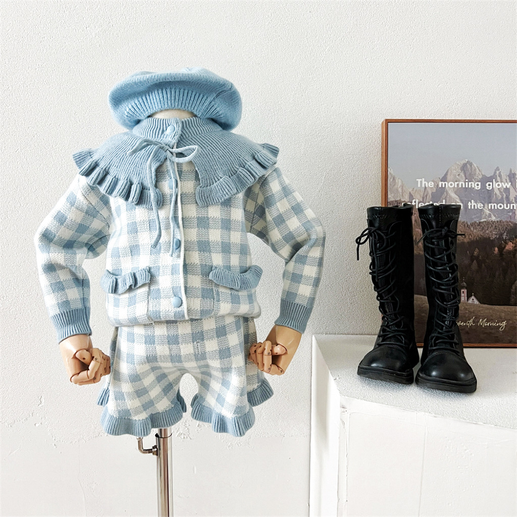 2024 Ediție coreeană nouă, guler toamnă/iarnă, pulover pentru fete, pantaloni scurți, stil la modă, carouri_voghion.com