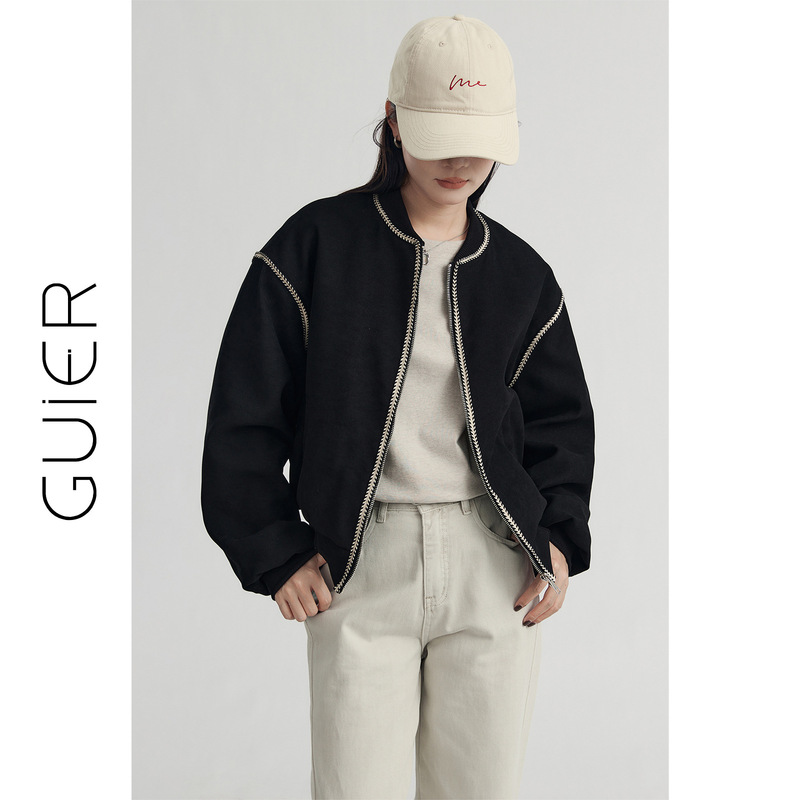 「GUIER」黑色棒球服外套女春季2025新款宽松休闲百搭感上衣|undefined