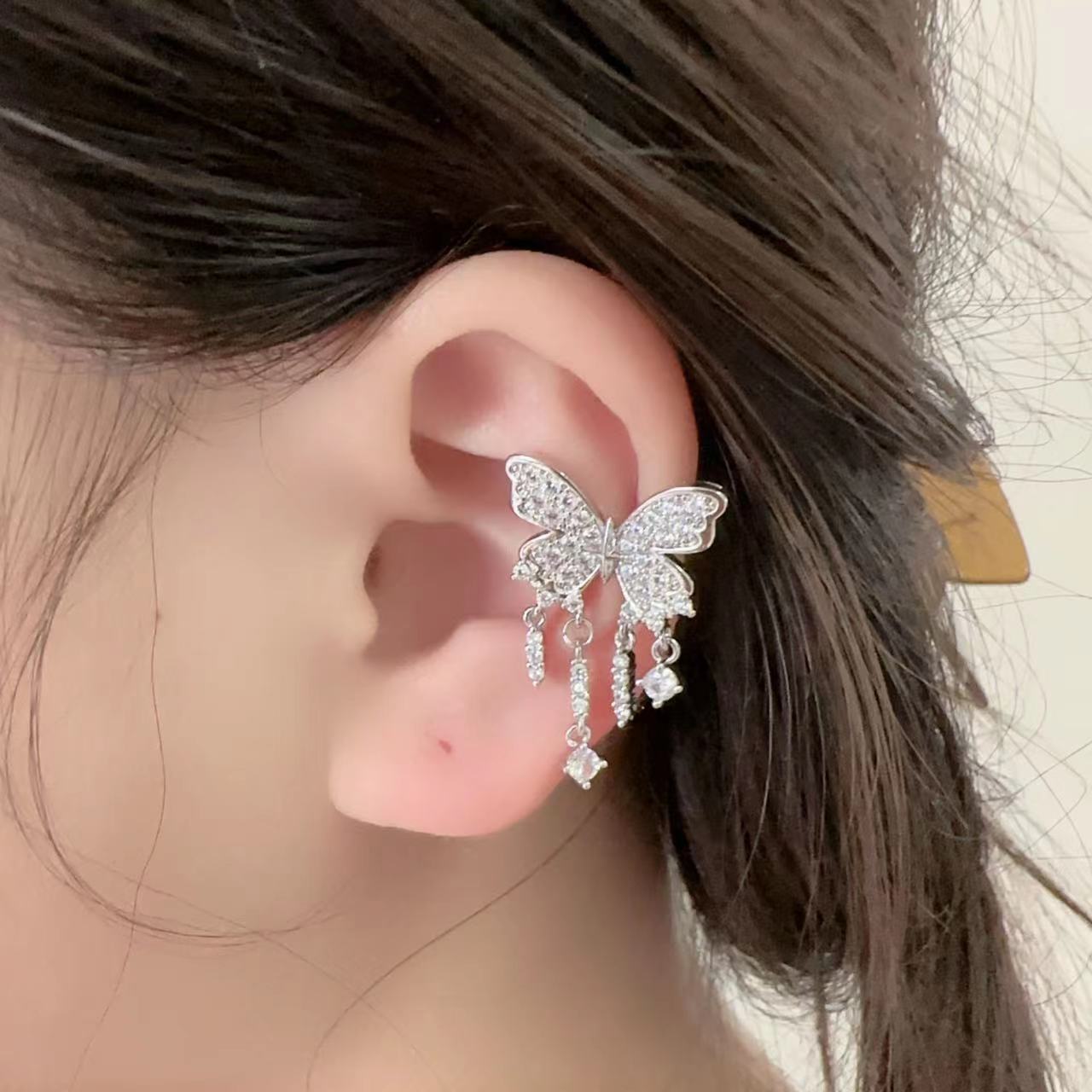 滿鑽蝴蝶流蘇無耳洞耳骨夾女小眾設計高級感氣質輕奢時尚百搭耳飾