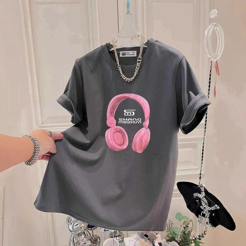 chubby girl Charcoal Grey plus size Short-sleeved T-shirt Women's New Headphones Printed Trendy Brand Fashion Textiles Ins Same Style Trendy Style