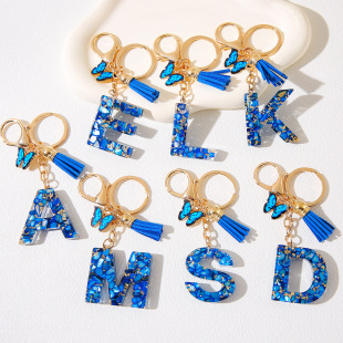Cross-Border Hot Selling Manufacturer First Generation Blue Shell Letter Printed Butterfly Tassel Jewelry Pendant Resin Keychain