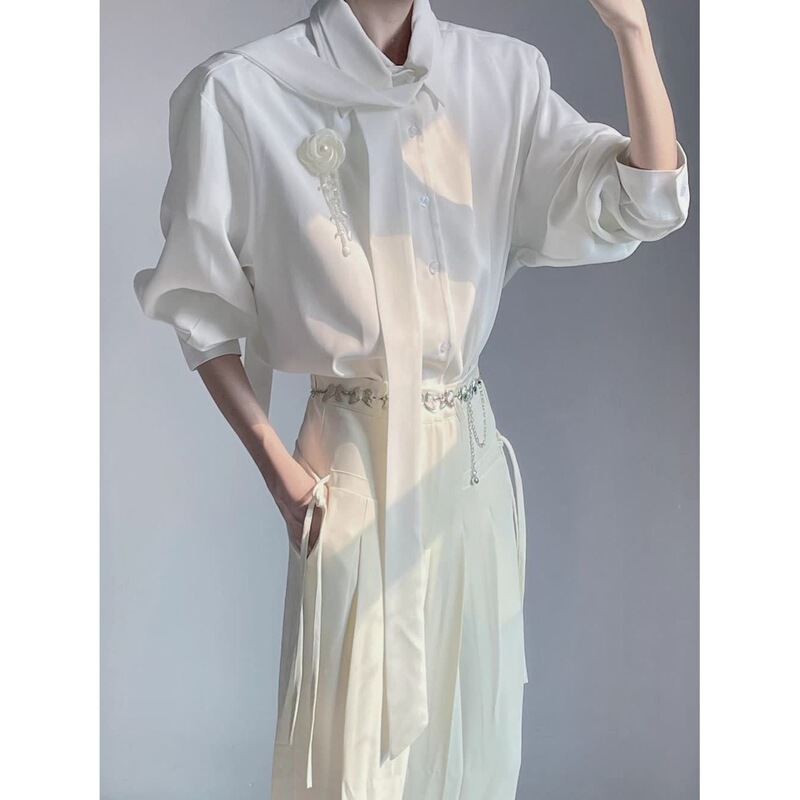 Spring and Summer High-End White Shirt for Men, Loose Chiffon Long-Sleeve Top with Ribbon Design, Niche Yamamoto Style Shirt 12