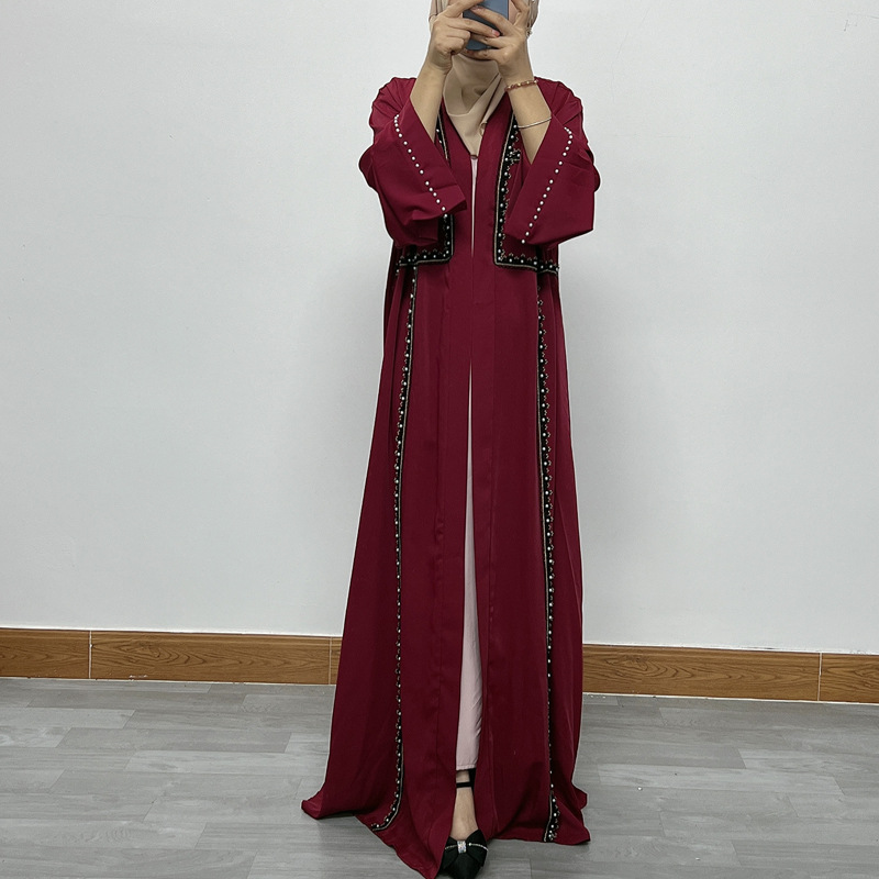 F332 Cross-Border Foreign Trade Women's Long Dress Middle East Dubai Embroidered Lace Pearl Beaded Cardigan Robe In_ecoleips.com