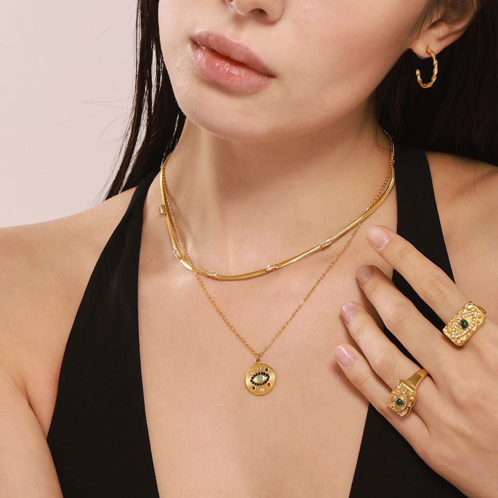 Square Sugar Micro Inlaid Zirconia Round Brand Devil's Eye Pendant Necklace Ring Female Niche Design Jewelry Set_voghion.com