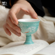 墨己粉引手绘海浪鲤鱼高足陶瓷茶具主人杯功夫茶具家用茶杯品茗杯