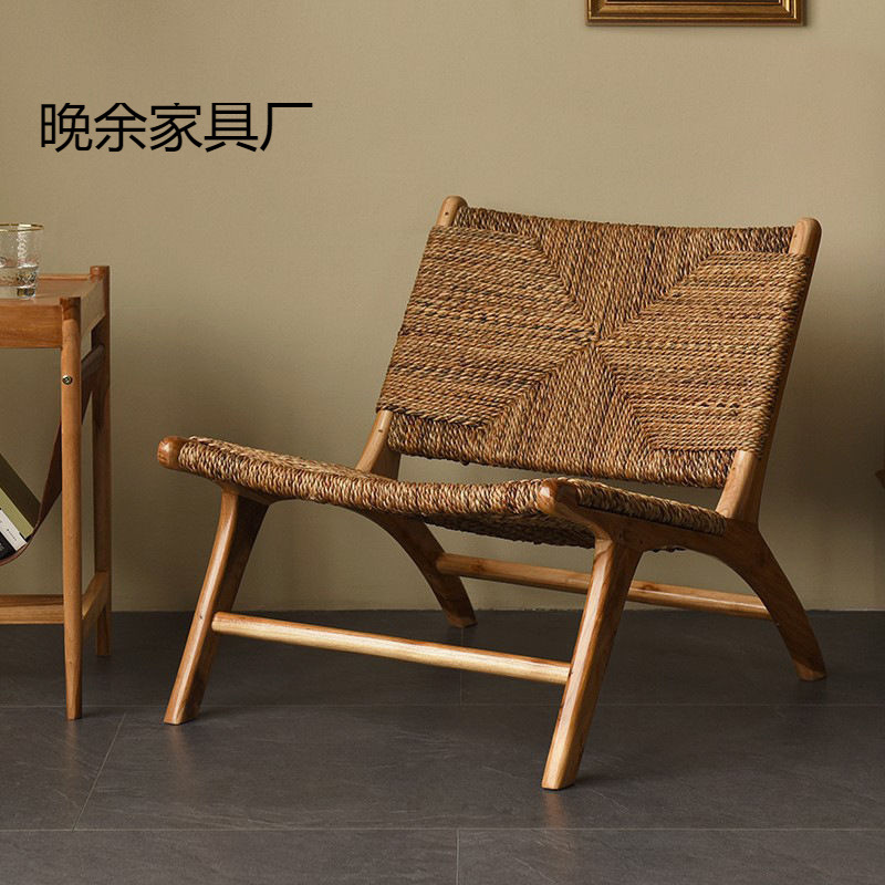 Rattan Single Sofa Chair Leisure Chair Solid Wood Backrest Chair Balcony Bed and Breakfast Log Wabi-Sabi Style Bed and Breakfast Living Room Lounge Chair