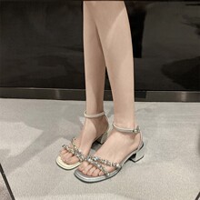 【葡萄妈同款】冰糖仙女~法式水钻带露趾粗高跟凉鞋女婚鞋ol夏季