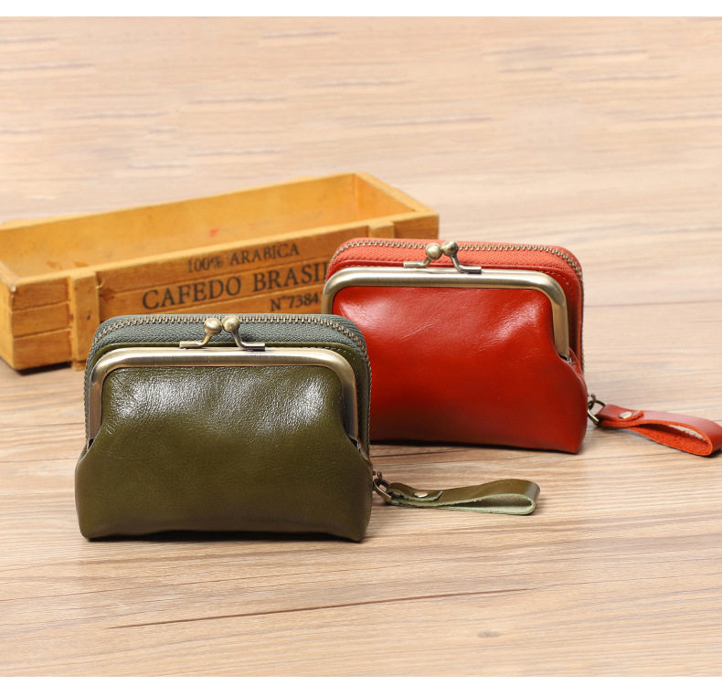 Ví nữ da bò thật cổ điển dạng gấp đựng tiền xu thẻ 11×6×8 cm — Màu đen, Đỏ hoa hồng chi tiết 5