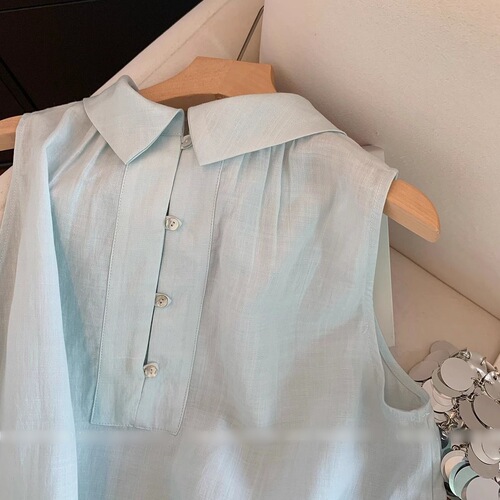 Light Blue Collar Korean Style Sleeveless Blouse Women's 2025 Summer Loose Fitting Slimming Korean Style Simple Style Backless Top