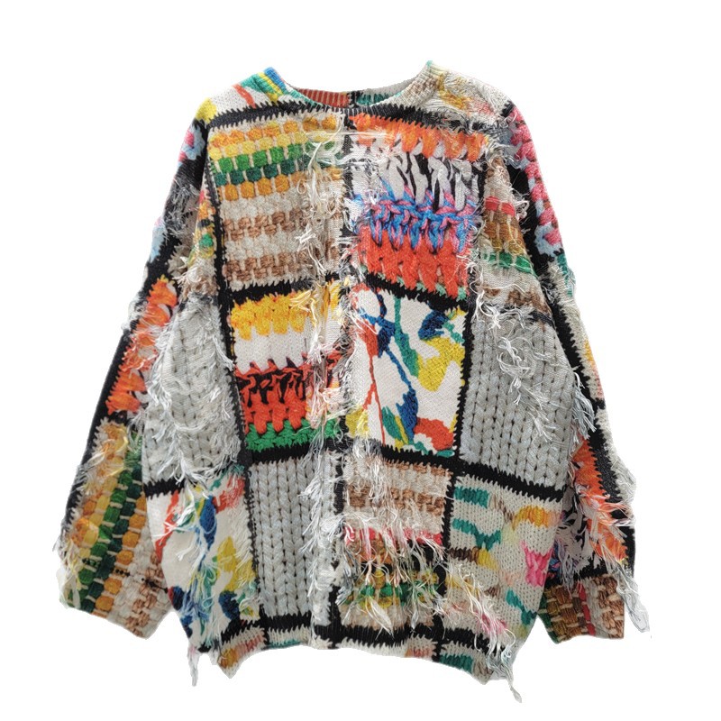 Diseño de estilo europeo y americano impresión de contraste de color de punto hoodie de cuello redondo suéter de moda suelto
