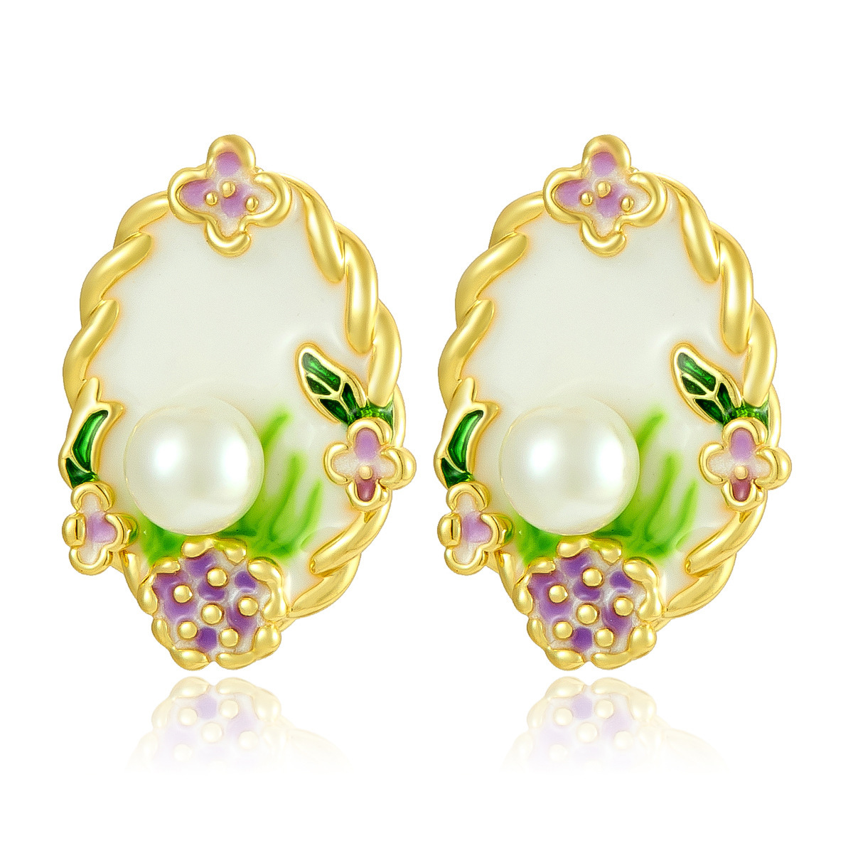 Pendientes ovalados de pintura al óleo con incrustaciones de perlas de estilo francés, pendientes de flores de esmalte de color exquisito de nicho de alta gama de verano