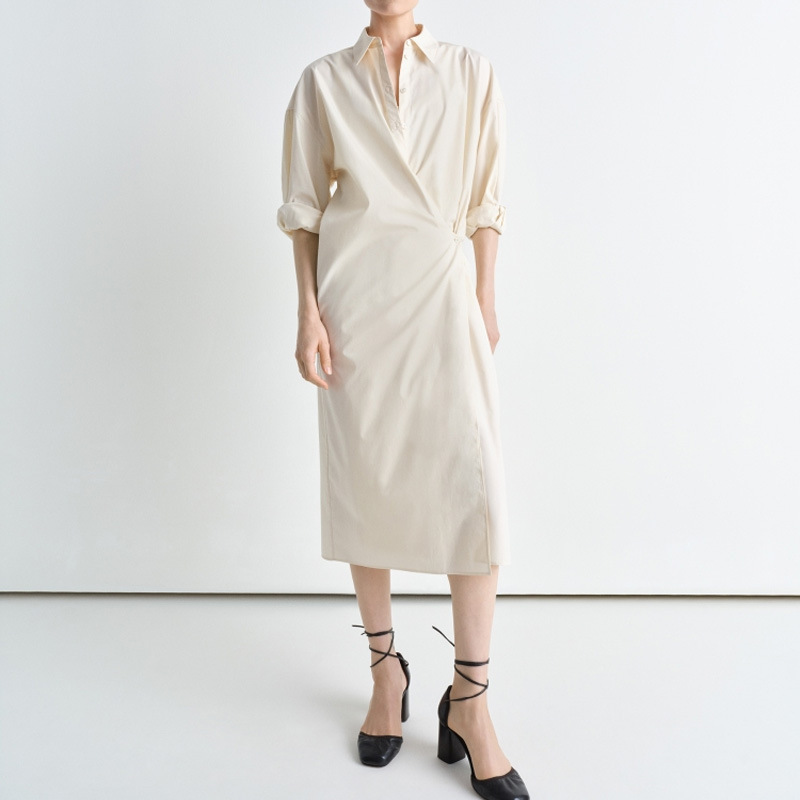 LEM Long Straight Collar Pleated dress 25 New Cotton Side Buckle Tight Waist One-piece Irregular Long Sleeve Shirt Dress