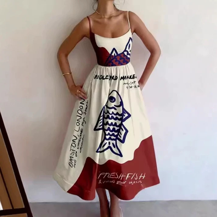 Cross-Border Independent Station Amazon Sleeveless D906 Shirt Collar Dress Women's Casual Floral 3D Printed Sleeve Long Skirt