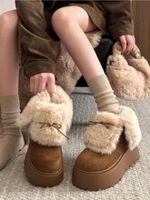 复古厚底皮毛一体短筒雪地靴女2025春夏毛毛棉鞋加绒加厚保暖棉靴