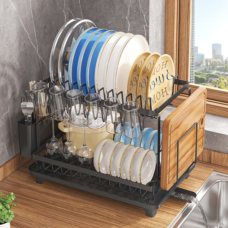 Estante de almacenamiento de drenaje de cocina Taza multifuncional de doble capa de platos de almacenamiento de palillos cuchillos y tenedores de filtro de agua platos de platos de platos