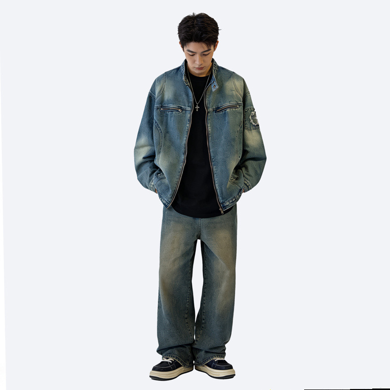 Retro Denim Jacket For Men Washed Ripped Stand-up Collar Style_voghion.com