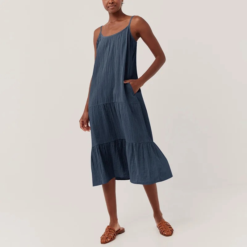 Crepe Cotton Suspender Dress Women Spring Summer Solid Color Sleeveless Midi Dress Holiday Casual Dress