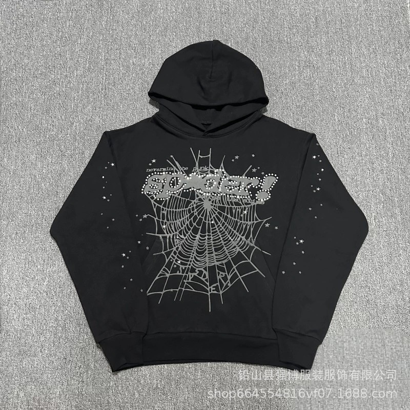 sp5der Spider Web Rhinestone Hoodie Black