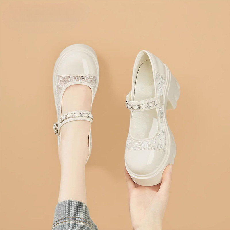 Giày Mary Jane nữ đế dày tăng chiều cao 8cm, gót vuông, lưới ren thoáng khí, miệng nông kiểu Pháp — 4625101369m màu, 4625101369 màu đen