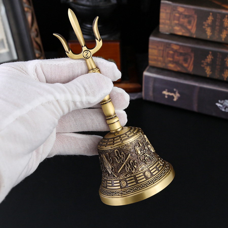 Fanmei Auspicious Bronze Made Vajra Bell Staff Dharma Bell Ornament Nepal Craft Five-Pronged Ritual Tool Bronze Bell