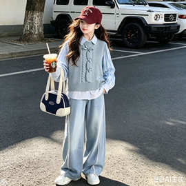 女童衬衫套装春秋款2026新款儿童洋气针织马甲女孩秋季牛仔阔腿裤